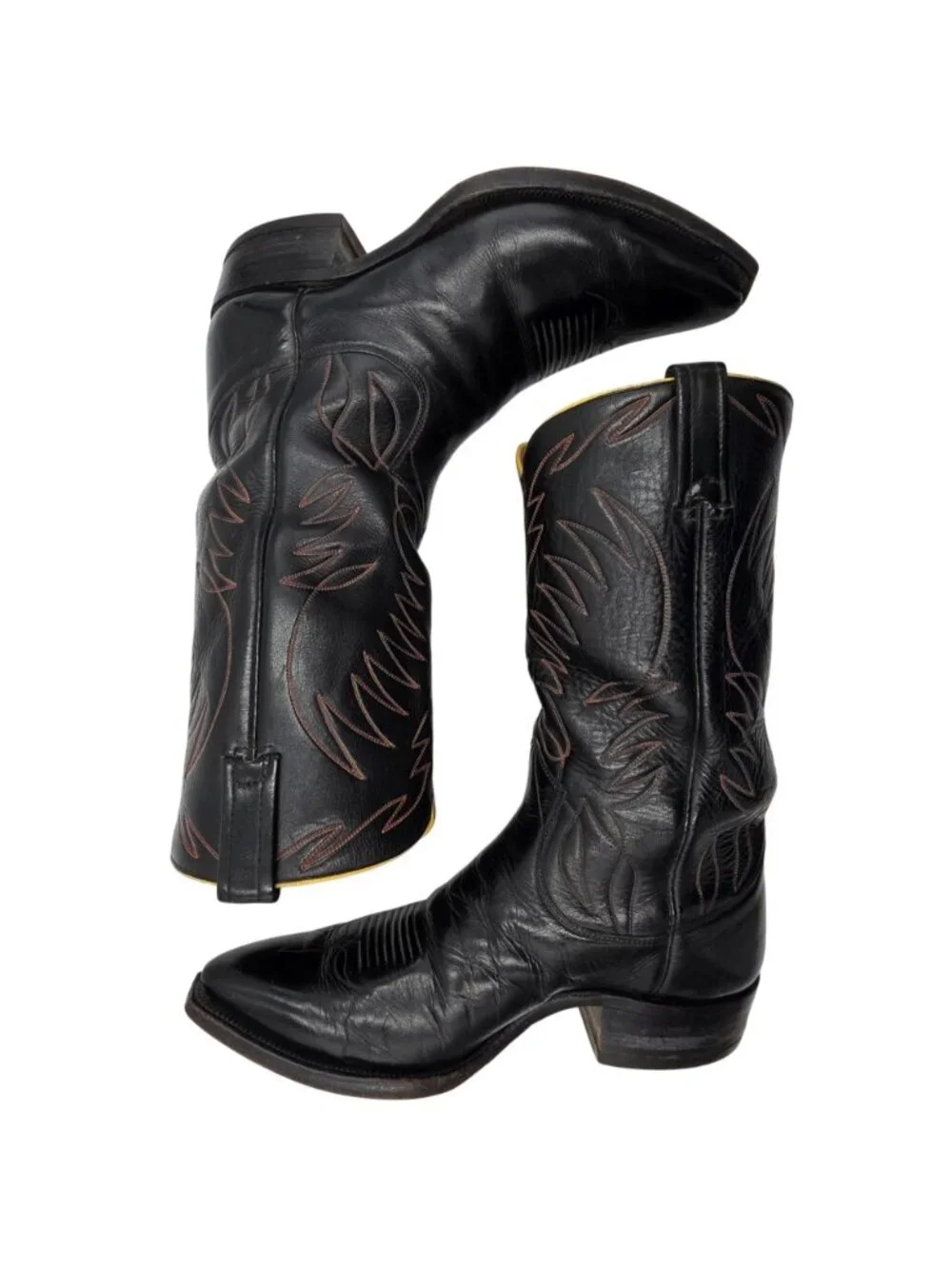 1950s? Vintage Justin Boots Black Leather Mens 10.5D Snip-toe Cowboy Western USA - Picture 10 of 16